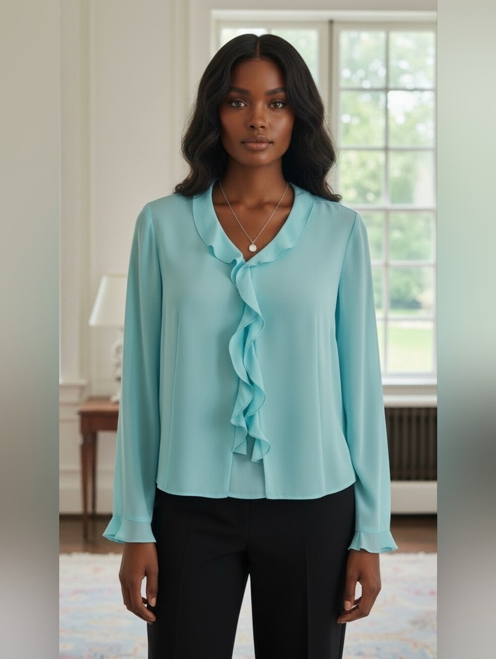 "Pendleton Turquoise Aqua Ruffle Front Blouse Long Sleeve Career Chic Size 16"